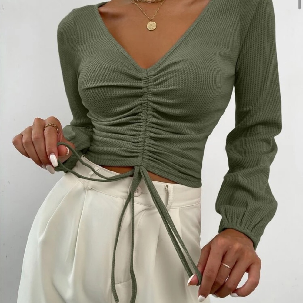 SHEIN Olive Ruched Knit Blouse